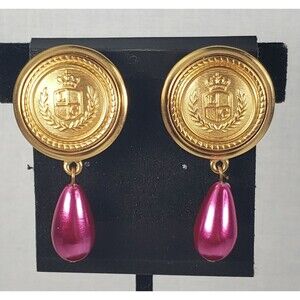 Liz Claiborne Inc GoldTone Crest Omega Button Dangle Pink Pearl Clip On Earrings